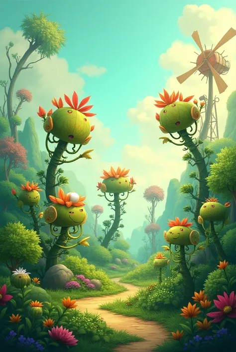 A mystical landscape with playful characters made of leaves, flowers, and branches, interacting with whimsical windmills and solar panels, in vibrant shades of green, blue, and yellow