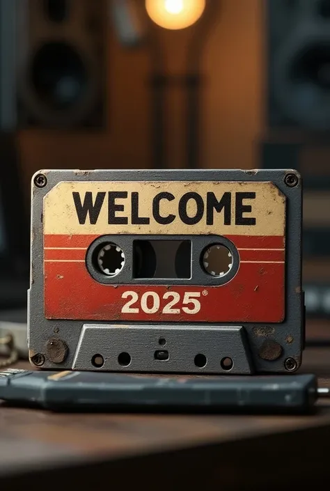 Illustrate an old-school cassette tape with "Welcome 2025" written in a retro music style.