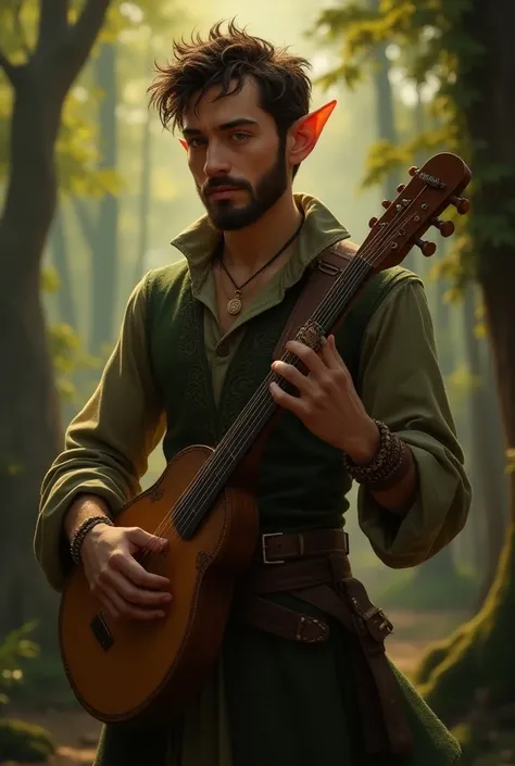  bard elf with short beard, delgado, with instrument , short spiky hair