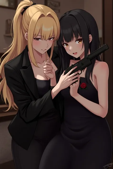 Two girls who are girlfriends , one blonde and the other black hair ,  that the blonde is rough and the black hair delicate , That they are a couple of the mafia and that they are an anime-type image and that only the blonde has a gun ,  but that the blond...