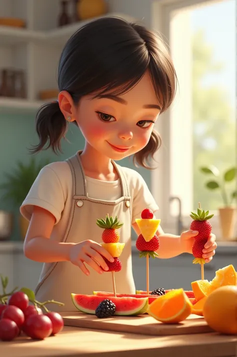 Girl making fruit sticks 