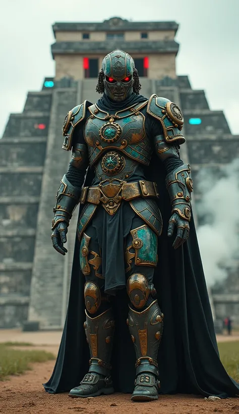 Imagine a Guatemalan Viking Sith with technological armor that recalls ancient Mayan civilizations,  adorned with bronze gears and cybernetic jade masks . His eyes shine with a reddish light ,  and he is positioned in front of a temple that has been conver...