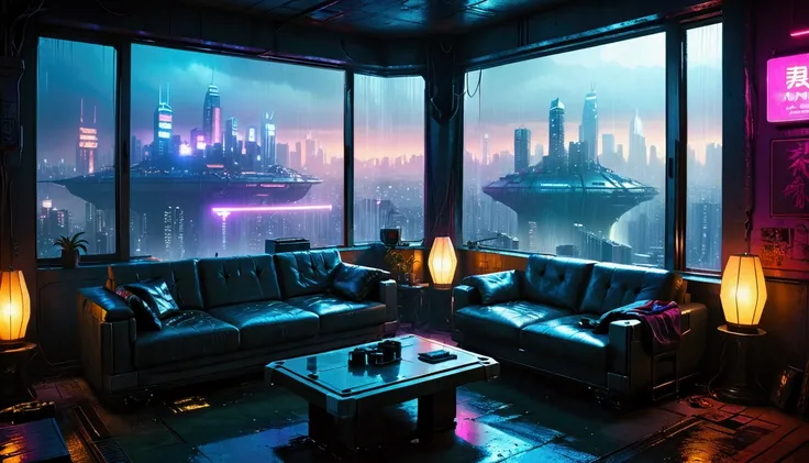  apartment there is a sofa and a table in a room with a view of a city, Cyberpunk setting, cyberpunk atmosphere, Cyberpunk dream landscape, vibes do blade runner, the cyberpunk apartment, Like a scene from Blade Runner, dirty cyberpunk city, dystopian city...