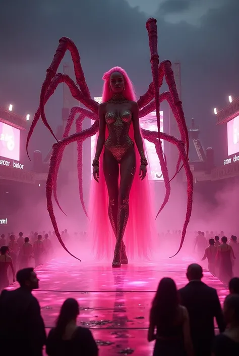 Black woman with long pink hair spider legs show clothes on a pink stage with multiple screens and sound boxes in an arena at night and a written sign "i am pink" Add dancers inside cages and a bustling audience do it on top of a giant spider 