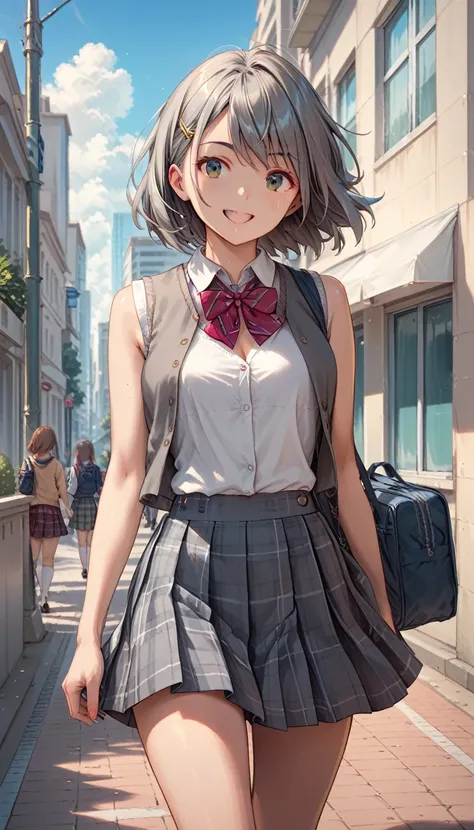 school girls,smile ,walking ,school uniform ,shirt,sleeveless gray vest,buttoned vest, plaid skirt,gray skirt,thigh ,cowboy shot,from front ,school commute,city,afternoon