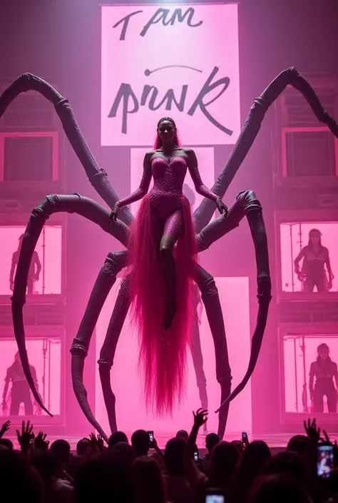 Black woman with long pink hair spider legs show clothes on a pink stage with multiple screens and sound boxes in an arena at night and a written sign "i am pink" Add dancers inside cages and a bustling audience do it on top of a giant spider shes dancing ...