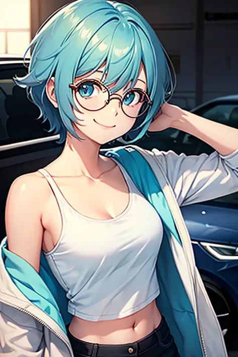 a smiling anime girl with light blue short hair, circular round glasses and a white science jacket. inside the jacket a black tank top, the background is a car garage