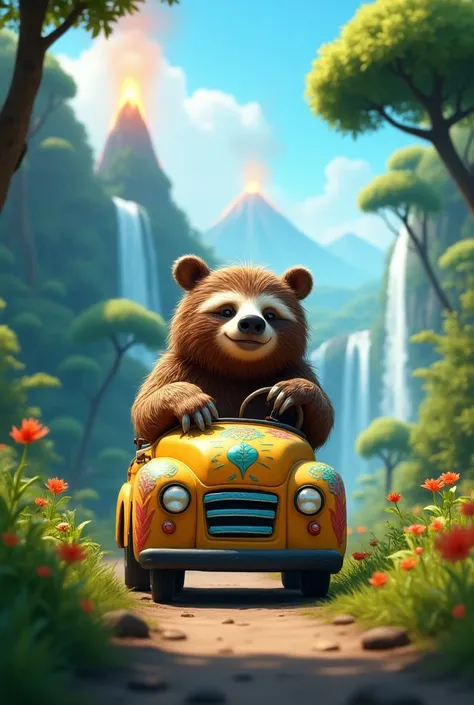  Animated bus driven by a sloth bear in the middle of the forest, waterfalls and volcanoes 