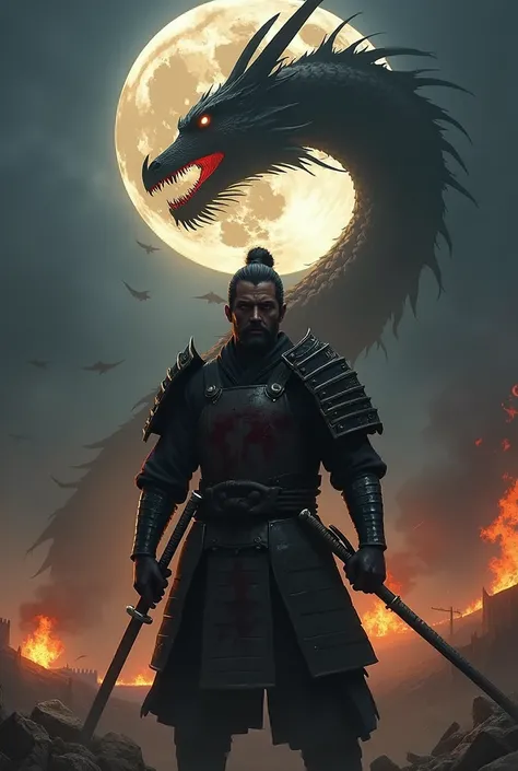  A blood-filled samurai in a war setting with eyes on fire, And a dragon devouring the moon 