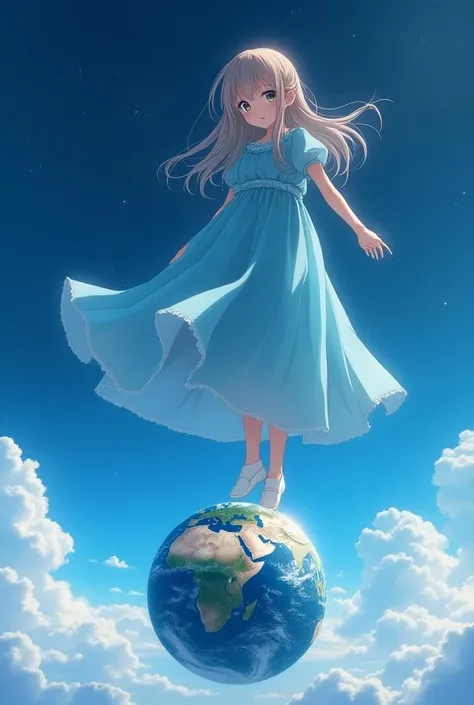 make a giant anime girl larger than earth and earth is in the palm of her hand she is young and is in a blue dress