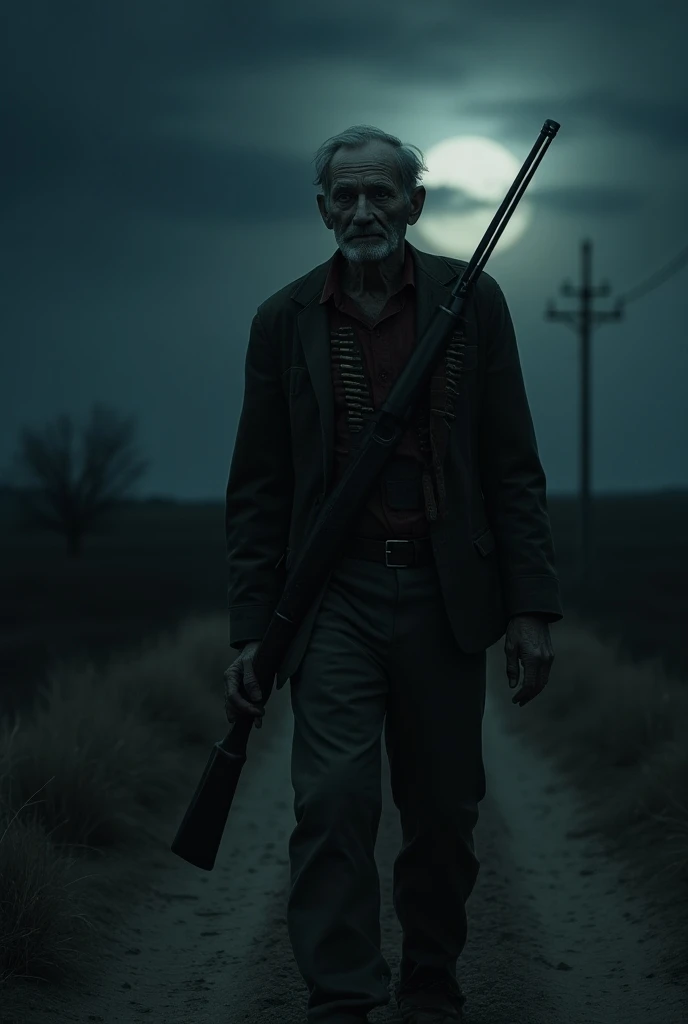  An old man with ammunition combs in his clothes, And a shotgun in his hand ,  hes extremely scared ,  walks on a dirt road , on a dark night, dall-e.