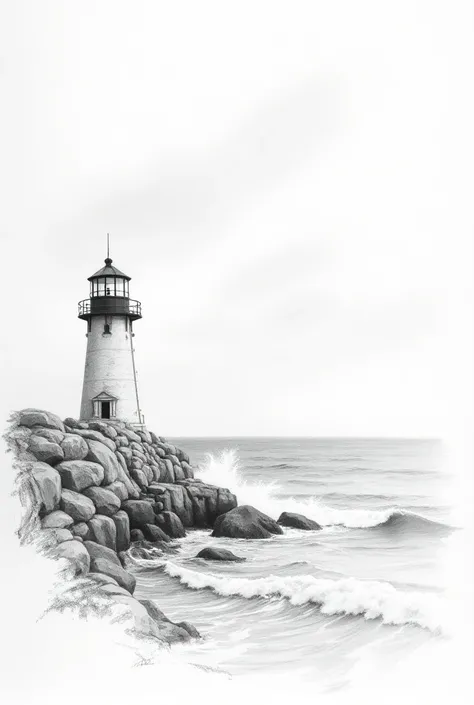 Lighthouse on a rocky coast under storm clouds drawn by pencil on white drawing paper，Sketch of rough sea waves