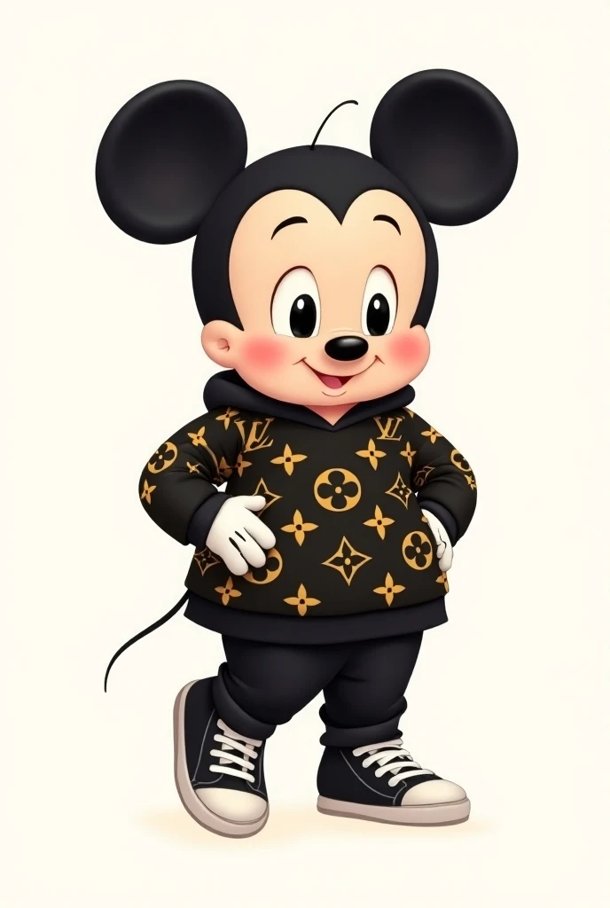 cartoon illustration of baby Minnie dressed in black jumpsuit and sweater with gold Louis Vuitton print, Louis Vuitton shoes