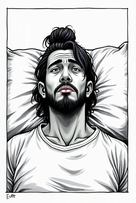  A Mexican man , high, In the 40s ,  of brown skin and medium and straight black hair, cabelo preso em um coque high.  And a goatee beard ,  royal beard style , Waking up tired ,  manga page , black and white, manga,   manga panel with dialogue panels 