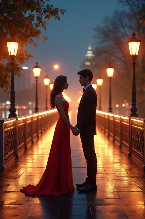 A woman and a man and a bridge illuminated at night they are on two sides 