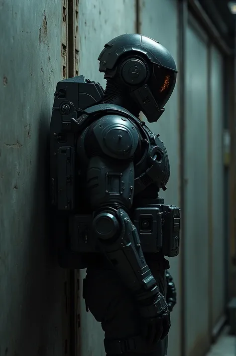 Create a futuristic soldier in a dark uniform whose back is against a wall 