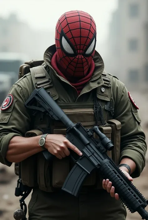 A male solder ware a spiderman mask, and full body is military outfit, military jacket, using guns,  no spider power 