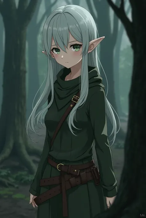 generate me an anime introverted elf girl, anime girl with white eyes (tired-eyes like), long grey hair, and flat chest. Her occupation is a ranger in a witch-cult. 