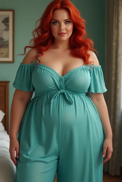 Big ass red-haired woman in aquamarine green pajamas 
With beautiful curves surgery and skirt 