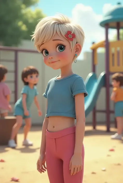 White girl , 10y, standing, side view, blue crop top, pink leggings, short pixie hair, small earrings, hair pin, blue eyes, shy, playground, girls in background