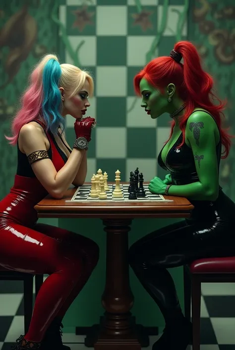 Cinematic image of Harley Quinn with colored pink and blue hair and with Harley Quinn makeup she is wearing a long latex dress, the body of a porn actress and a long-brimmed hat, she is a powerful queen and is playing chess with Poison Ivy, a woman with gr...