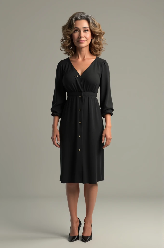  Create a 3D image of a 54-year-old woman ,light brown skin,  curly hair up to her neck dark blonde , dark brown eyes, smiling. She wears a black dress with a closed high shoe.full-body standing position.Shes not very thin .
