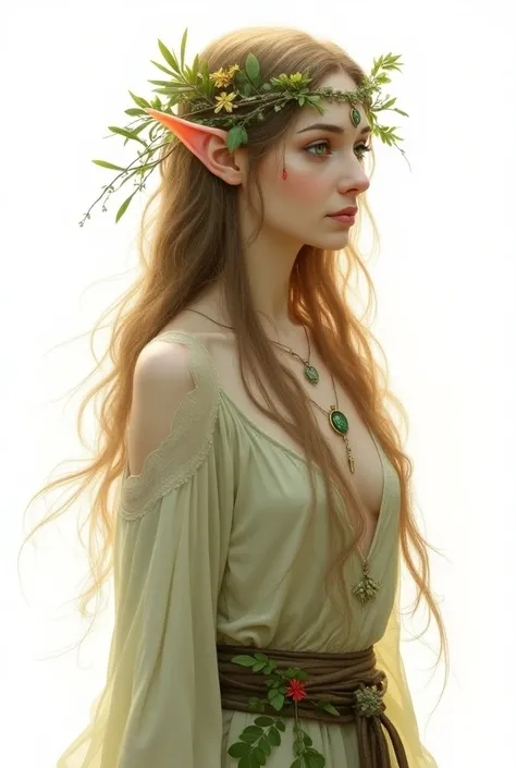 Druid elf ,  Zafira has a delicate appearance ,  with pale skin that shines softly in sunlight .  Her emerald eyes always seem to observe the world with serenity and wisdom. Her long hair, of a light brown,  are intertwined with wild flowers and branches ,...