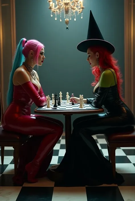 Cinematic image of Harley Quinn with colored pink and blue hair and with Harley Quinn makeup she is wearing a long latex dress, the body of a porn actress and a long-brimmed hat she is a powerful queen and is playing chess with Poison Ivy, a woman with gre...