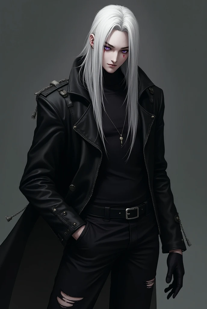  ((fanart)), 1boy, tall, handsome face, long straight white hair, purple eyes, white shirt, black jacket, black ripped pants, black gloves, canine teeth, light skin, black hood , black boots, blood face. 