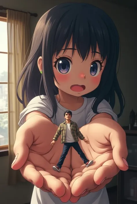 make a giant anime girl holding a man in the palm of her hand the man looks the size of a ant in her hand we are looking at the hand with the girls face in the background the man is in his 40s and the girl is 8 they are in the giants house