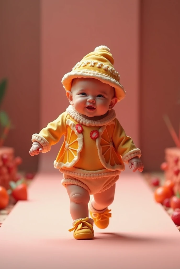 adorable human baby,  wearing an outfit made of embossed fruit tart slices, on the babys head a hat made of embossed fruit tart slices, the baby parading on the ultra realistic catwalk, ultra realistic 4k moving camera