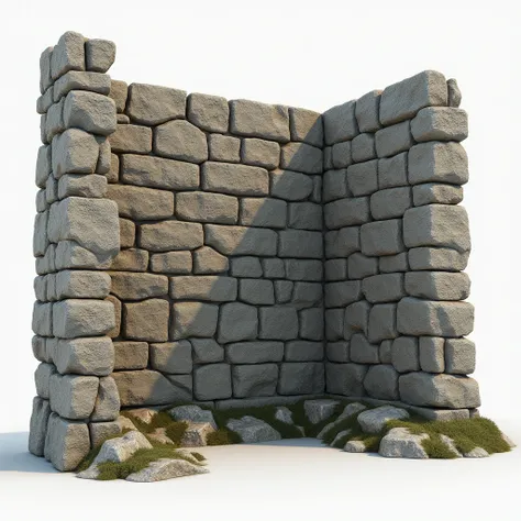  reference representation rendered on a matte white background as a 3D prop set of an immense wall in ancient ruins worn out by time , mildew stains on the foundation , depredated ,  constructed of irregular stone blocks placed in an irregular shape .  stu...