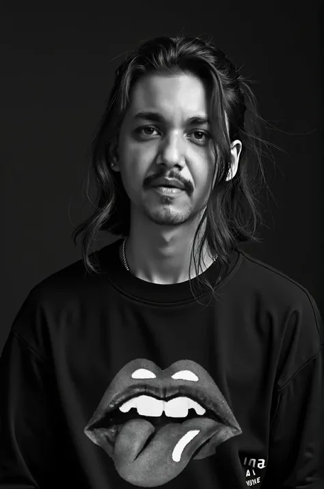  Create a cool black and white profile picture of a stylish young man named Castle.  he has long dreaded hair ,  and is wearing a shirt with text or brand logos .  The shirt has a lip print design . The overall vibe should be modern , bold,  and is suitabl...