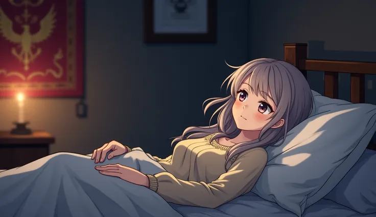 Prompt: "Joan of Arc,  represented in anime style , She is a  ,  lying on a bed in her bedroom at night .  She has features reminiscent of a young peasant woman ,  but her expression is more serene and dreamy . Her long, wavy hair,  whose color is grey-bro...