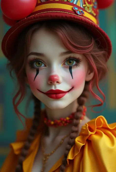 a beautiful clown girl, beautiful detailed eyes, beautiful detailed lips, extremely detailed face and skin, long eyelashes, colorful clown costume, circus performer, whimsical expression, vibrant colors, dreamy fantasy, (best quality,4k,8k,highres,masterpi...