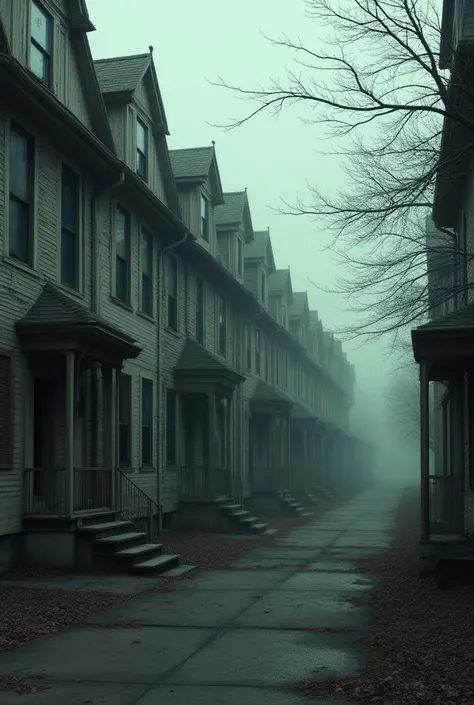 Empty Homes ]:  Houses on a street ,  all with doors and windows closed ,  but through the windows ,  you can see empty and cold interiors ,  with furniture covered in dust and cobwebs.  The sense of abandonment is strong .