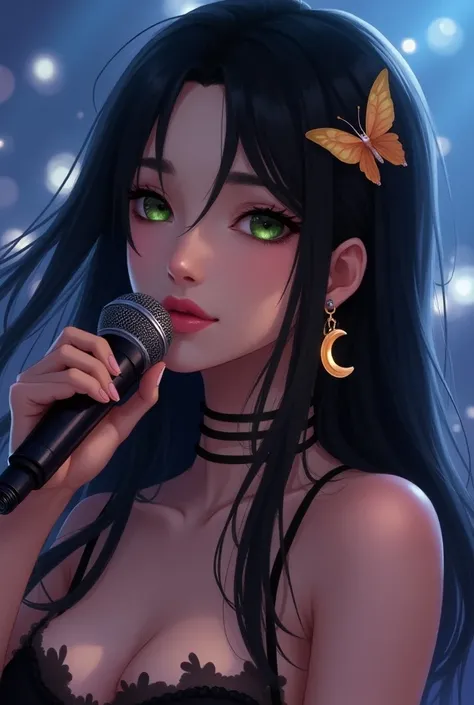 A young woman with green eyes ,  long black hair , pink lips.  She wears a small butterfly accessory in her hair ,  left side and a pair of moon earrings ,  she had a sexy look while on a stage with the microphone close to her mouth
