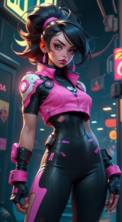 unreal engine:1.4,UHD, The best quality :1.4,  photorealistic :1.4, skin texture:1.4, masterpiece:1.8,y pwarmography ultra detallada,  JURI has ,La chica beautiful  JURI has  de Street Fighter, posing behind , Cyberpunk Gym , big,  beautiful,  Neon light. ...