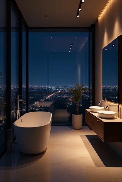 Bathroom:  has a modern design with large windows and balconies 。Wide々としたお洒落なBathroom。Time is night。It&#39;s dark outside。