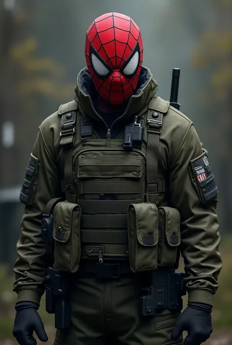 A male solder ware a spiderman mask, and full body is military outfit, military jacket, using military handglaves,  using military belt, using military special Jacket, using guns,  no spider power and due with Homecomming spider-man 