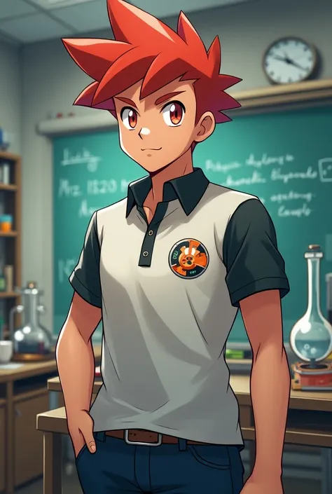 Create me an image of the Pokémon Leon that is in a physics classroom and that has a polo shirt with the Tecsup logo