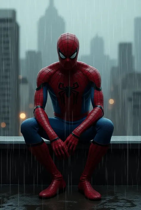 A man resembling Tobey Maguire, dressed in a red Spider-Man suit, sitting on a terrace in the rain, viewed from the front in a 16:9 aspect ratio. The rain is pouring heavily from dark clouds above, soaking both the man and the terrace. He appears sad and c...