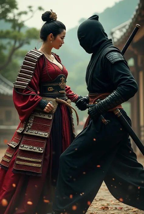 Hight quality, realistic, very beautiful woman shogun, cut throat a male ninja