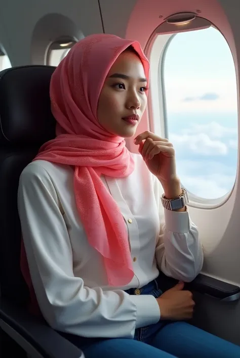 Bergaya photography suasana di dalam pesawat,  young and beautiful Bugis woman , wearing a bright pink batik hijab ,wearing a white blouse shirt , wearing blue jeans, wearing a watch , solid body containing ideal , sitting by the passenger window on the pl...