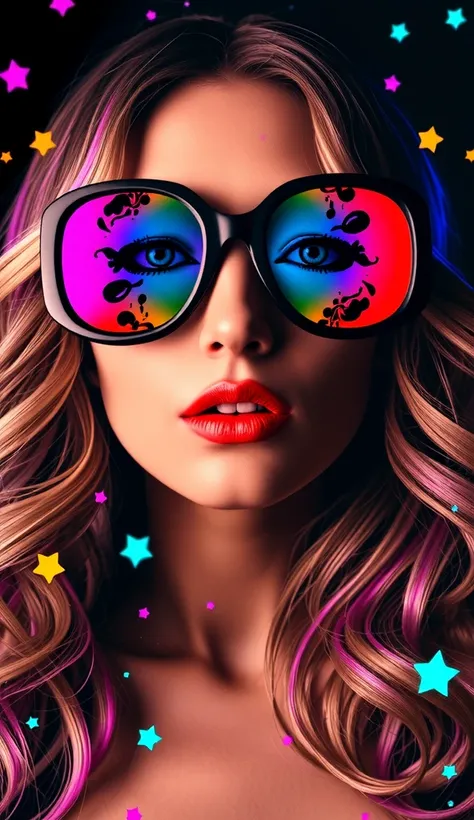 A vibrant and futuristic portrait of a woman wearing oversized, reflective sunglasses that display a spectrum of vivid colors and abstract patterns, resembling a cosmic explosion. Her lips are painted in a bold, metallic orange, complementing the colorful ...