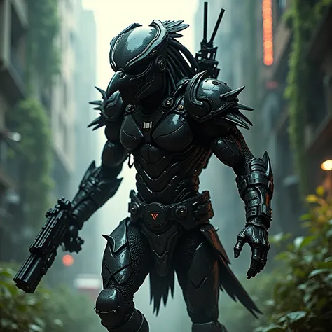 Muscluar cybernetic Yautja donned in Crow shaped predator helmet, black skin, huge chrome feathered crow wings, shoulder gun scanning area with triangular laser sight, cityscape over run with jungle vegetation vines draping over the buildings in the backgr...