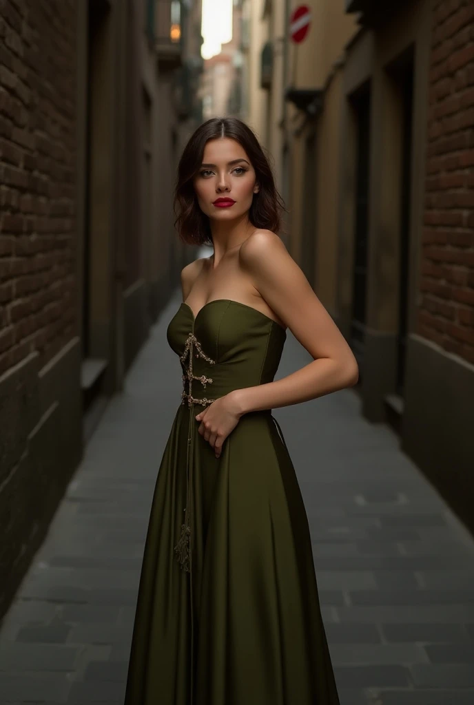 A beautiful woman in the medieval style of Barcelona, Spain, is wearing an olive green strapless dress with shoulder-length hair and red lips, posing for a photoshoot. She is facing up to her waist as she stands up from behind, showing off her whole body. ...