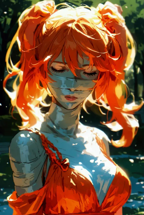 mummified head,completely covered face,sleeveless dress, twintails, crop top,park, hands on own head, orange hair