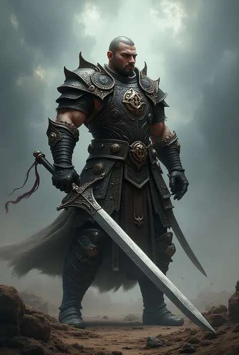 Image of a great warrior ,  with armor and a large sword in his hand.