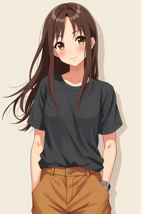  Create an image of my friend in the anime How Will I Create It: 1,65 tall,  long brown hair,  brown eyes, weight 87 kg ,  dark gray shirt with warm pants 